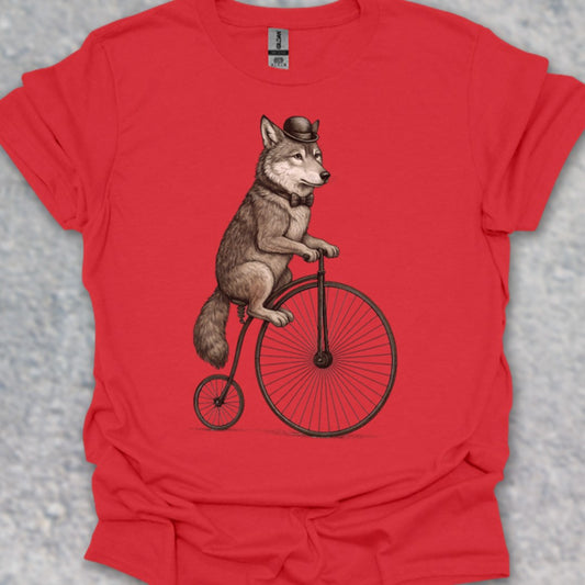 Wolf op antieke fiets T‑Shirt