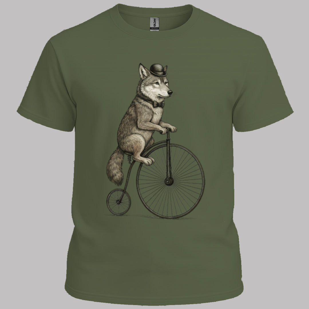 Wolf op antieke fiets T‑Shirt