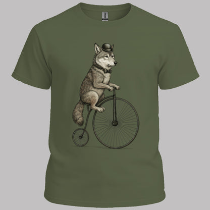 Wolf op antieke fiets T‑Shirt