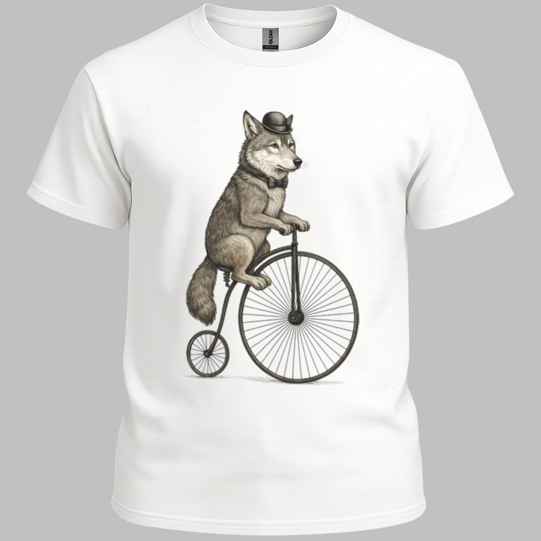 Wolf op antieke fiets T‑Shirt