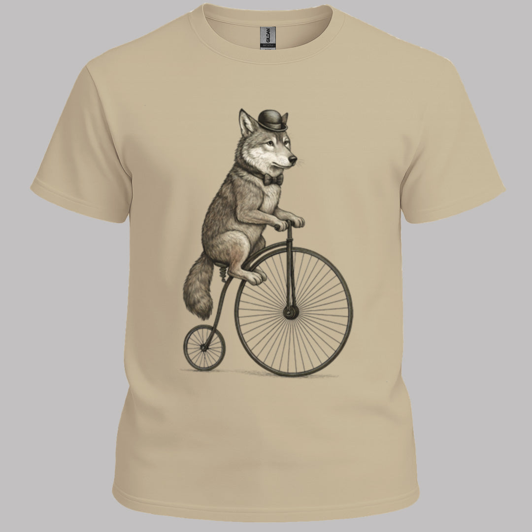 Wolf op antieke fiets T‑Shirt