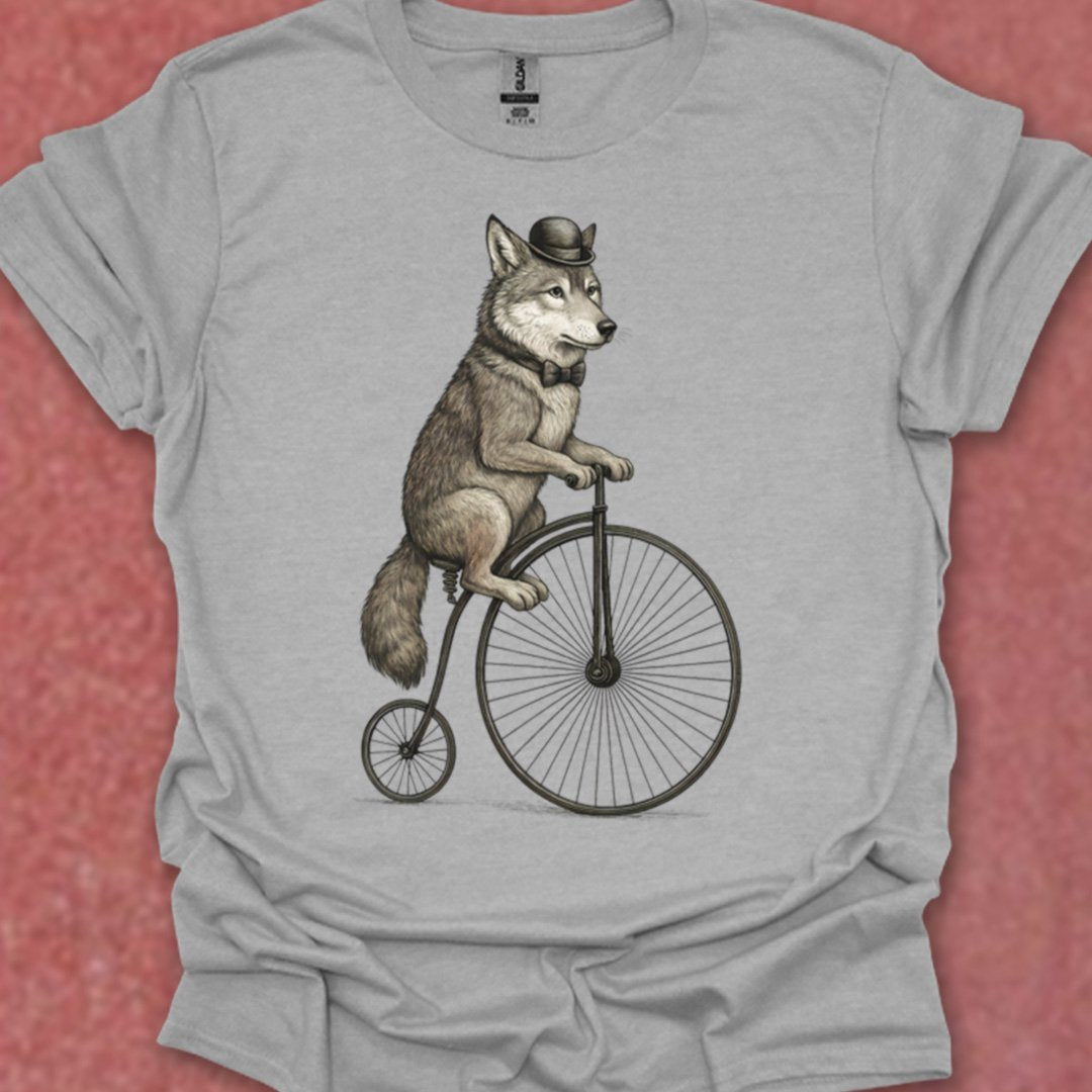 Wolf op antieke fiets T‑Shirt