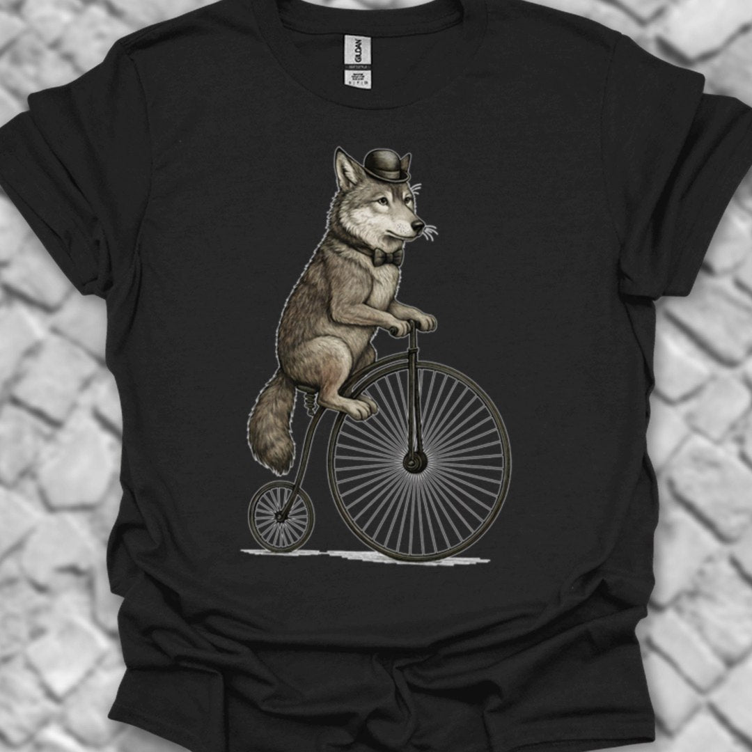 Wolf op antieke fiets T‑Shirt