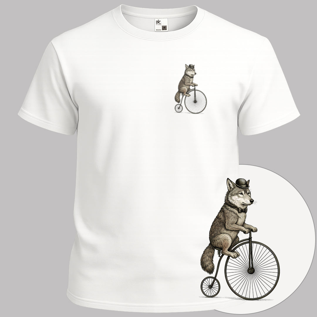 Wolf op antieke fiets T‑Shirt